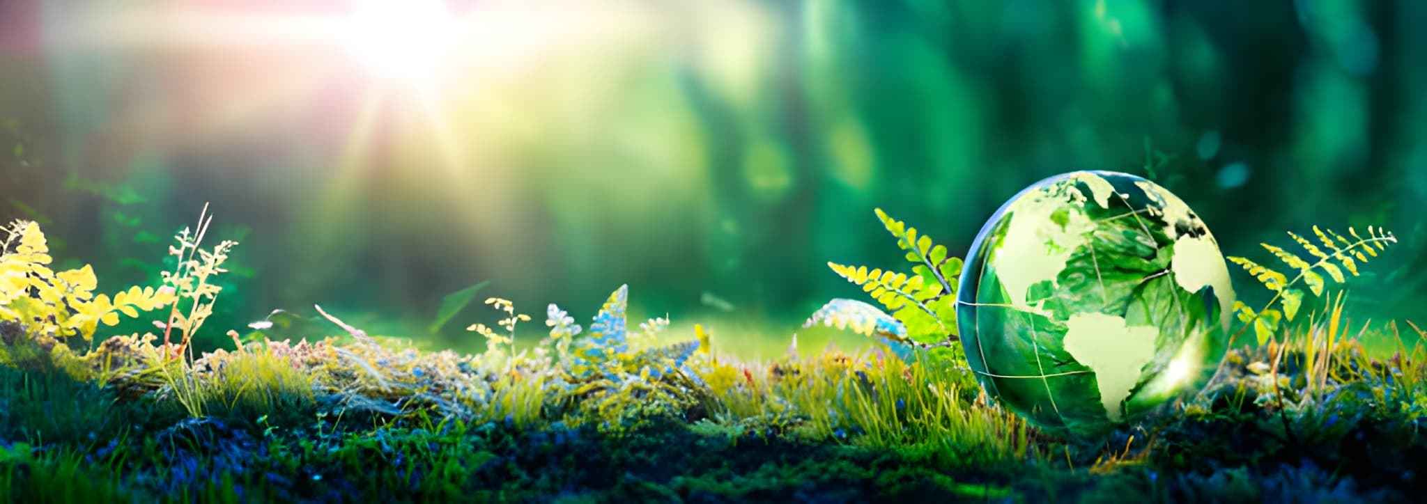 Planeta Tierra virtual pequeño en bosque verde con luz solar